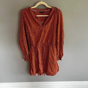 Denver Hayes Long Sleeve Dress Orange with White Floral Cinched Waist Size Large
